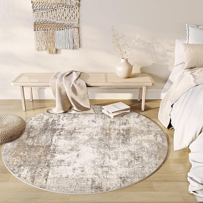 6x6 Washable Round Rug Brown Grey Abstract Living Room Bedroom Area Rug Neutral Modern Non Slip Soft Low Pile Indoor Carpet for Dining Room Office Entryway