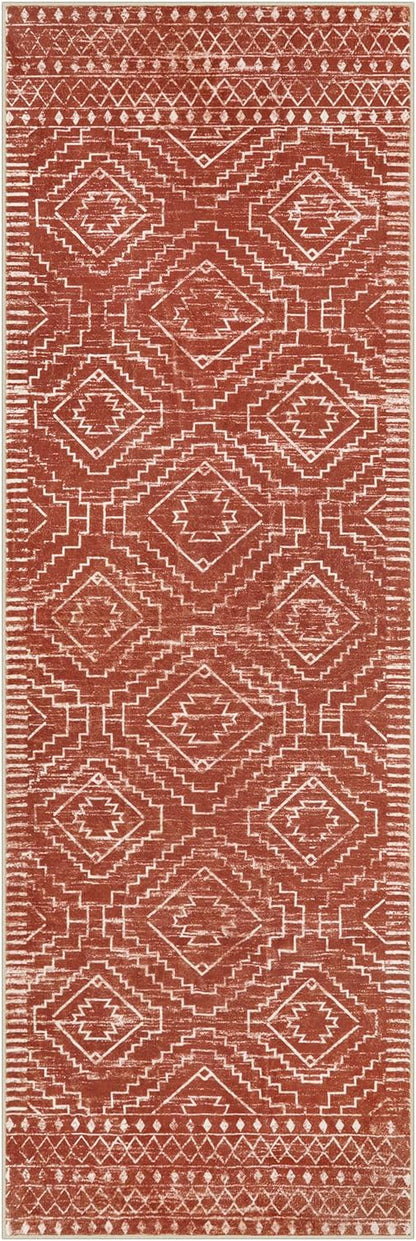 Wonnitar Moroccan Runner Rug 2x6, Washable Hallway Runner Rugs with Rubber Backing,Bohemian Geometric Kitchen Runner Non-Skid Soft Indoor Carpet for Bathroom Laundry Room (Brown,2'x6')