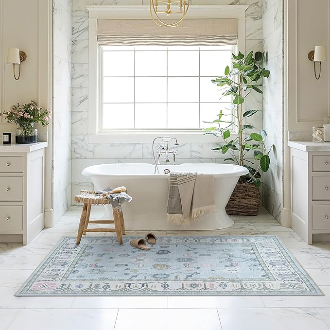 Fame Living Cream Blue Oushak Rug, Modern, Vintage, Turkish, Eclectic, Floral, Pastel, Washable, Oversized, Extra Large Area Rugs for Living Room, Dining, Bedroom, Lounge 9'5"x14'