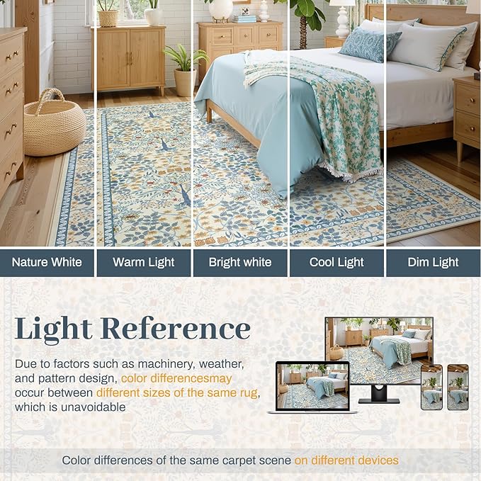 8x10 Area Rugs Living Room Rug - Floral Vintage Forest Washable Carpet, Low Pile Non-Slip Stain Resistance Boho Soft Large Carpet for Bedroom, Dining Room, Office, Farmhouse (8'x10' Blue/Orange)