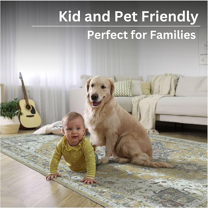 Bloom Rugs Washable Non-Slip 8' x 10' Rug - Yellow Traditional Medallion Area Rug for Living Room, Bedroom, Dining Room, and Kitchen - Exact Size: 8' x 10'