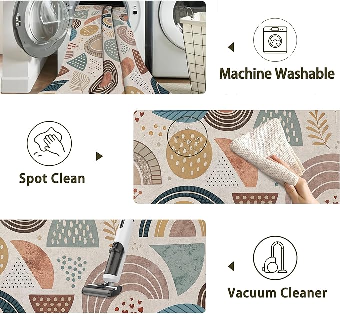 Bohemian Rainbow Washable 3x5 Area Rugs for Living Room, Thin Low Pile Contemporary Carpet, Non-Slip Base Lightweight Rug