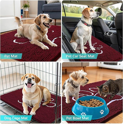OLANLY Dog Door Mat for Muddy Paws 48x30, Paw Print Design, Absorbs Moisture and Dirt, Absorbent Non-Slip Washable Doormat, Quick Dry Chenille Mud Mat for Dogs, Entry Indoor Entryway Carpet, Burgundy