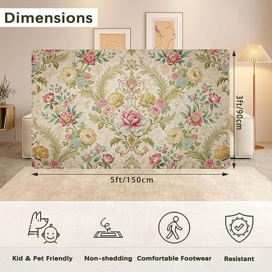 Chic Vintage Rose Rug for Living Room 3x5, Low Pile Non-Slip Backing, Machine Washable Easy Fold Rug for Home, Office, Dorm Room