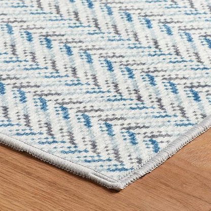 Dash & Albert Lowell Blue Machine Washable Rug, Runner-2.5 X 8 Feet, Blue Graphic Pattern - Premium Luxury Hotel Quality Soft Breathable Hypoallergenic Machine Washable Easy Care All Season
