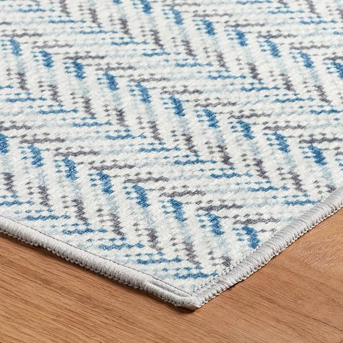 Dash & Albert Lowell Blue Machine Washable Rug, 3 X 5 Feet, Blue Graphic Pattern - Premium Luxury Hotel Quality Soft Breathable Hypoallergenic Machine Washable Easy Care All Season Comfortable