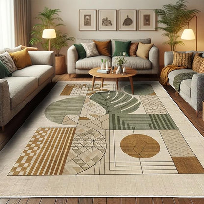 Ambesonne Mid Century Modern Boho Decorative Rug, Monstera Leaf Geometric Grid Ornaments and Circles, Quality Carpet for Bedroom Dorm and Living Room, 2' 2" x 3' 7", Tan Ginger and Laurel Green
