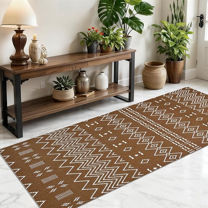 Kitchen Runner Rug,Kitchen Mats for Floor,Braided Rugs Non Slip Washable,20"x48" Boho Style,Brown and White Faux Jute Rug with Anti-Skid TPR Backing for Entryway,Bathroom,Kitchen,Bedroom