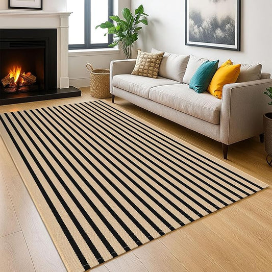 KOZYFLY 5x7 Ft Area Rug Striped Outdoor Rug Brown and Black Washable Indoor Outdoor Rug Cotton Outdoor Patio Rugs Farmhouse Rugs for Living Room Carpet for Patio Dining Room Bedroom