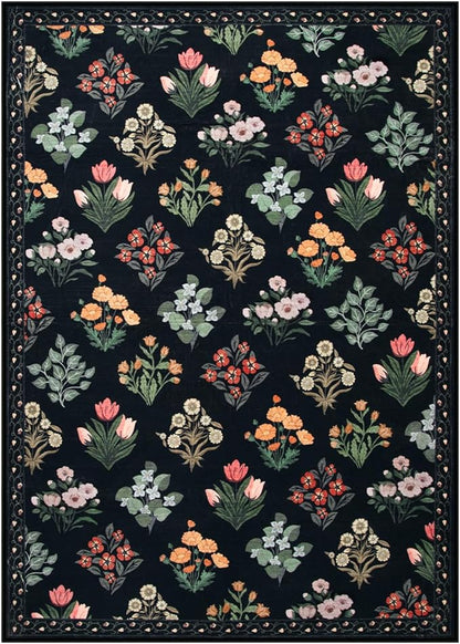 Wonnitar Floral Print Rug for Living Room, Black Washable 5x7 Area Rugs, Ultra-Thin Non Slip Stain Resistant Bedroom Carpet for Dining Room Playroom Office Dorm, Black/Multi