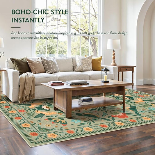 Moynesa Green Washable 8x10 Area Rugs for Living Room Bedroom Dining Room, Modern Farmhouse Country Floral Bird Print Pattern Medallion Carpet, Aesthetic Home Decorations Open Floor Areas Protection