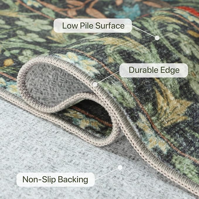 Bavni Floral Hallway Runner Rug 2'6" x 8', Washable Non Skid Boho Carpet for Entryway Kitchen Laundry Room, Soft Ultra Thin Botanical Long Runner for Indoor Floor Decor, Emerald Green