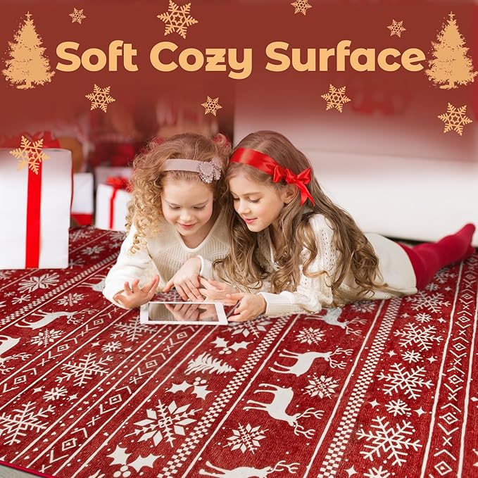 Christmas Rug 6x9 Washable Rugs, Boho Christmas Tree Snowflake Rug Non-Slip Soft Low Pile Non Shedding Indoor Holiday Decor Carpet for Living Room Bedroom Dining Room Home Office (Xmas Red, 6'x9')