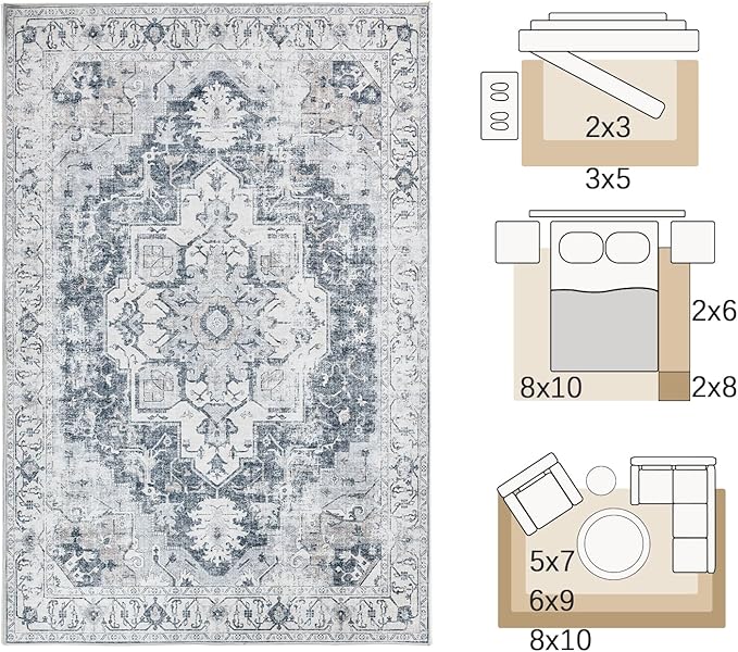 jinchan Kelda Area Rug 4x6 Washable Bedroom Rug Vintage Indoor Floor Cover Distressed Lightweight Non-Slip Low Pile Thin Mat Accent Stain Resistant Carpet for Living Room Dining Room Office Grey