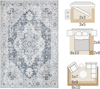 jinchan Area Rug 8x10 Washable Living Room Rug Vintage Indoor Large Floor Cover Distressed Lightweight Non-Slip Low Pile Thin Mat Accent Stain Resistant Carpet for Bedroom Dining Room Office Grey