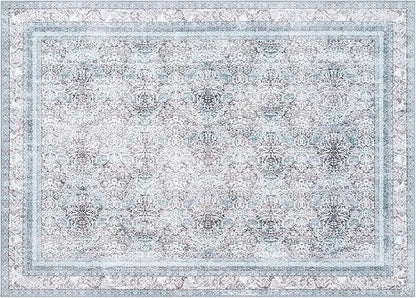 Phantoscope Washable Area Rug 5'x7' Non-Slip, Vintage Neutral Rugs for Living Room, Bedroom, Dining Room, Distressed Boho Floral Medallion Pattern, Low-Pile Foldable Floor Carpet, Blue/Grey