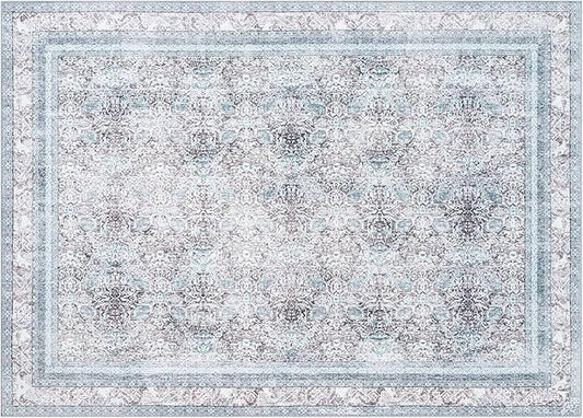 Phantoscope Washable Area Rug 5'x7' Non-Slip, Vintage Neutral Rugs for Living Room, Bedroom, Dining Room, Distressed Boho Floral Medallion Pattern, Low-Pile Foldable Floor Carpet, Blue/Grey