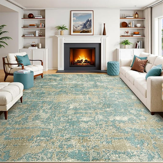 WITSHOCK Living Room Area Rugs 10x12：Modern Abstract Machine Washable Large Rug for Bedroom Dining Room Non-Slip Stain Resistant Home Office Decor,Teal Brown