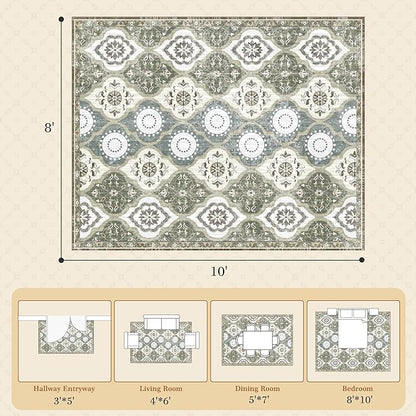 EnHomee 8x10 Area Rug, Soft Washable Rugs for Living Room Bedroom, Boho Non Slip Low Pile Stain Resistant Washable Rug Large Area Rugs for Dining Room,Easy to Clean Living Room Rug, Green