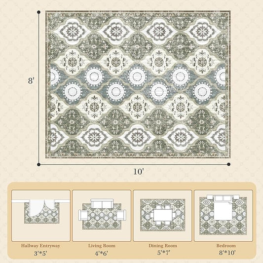 EnHomee 8x10 Area Rug, Soft Washable Rugs for Living Room Bedroom, Boho Non Slip Low Pile Stain Resistant Washable Rug Large Area Rugs for Dining Room,Easy to Clean Living Room Rug, Green