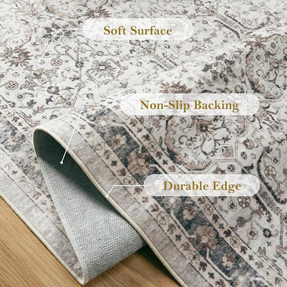 Moynesa Vintage Washable Grey 5x7 Living Room Rug, Neutral Area Rug for Bedroom Dining Room Kitchen, Low Pile Soft Non-Slip Retro Carpets for Office Indoor Nursery