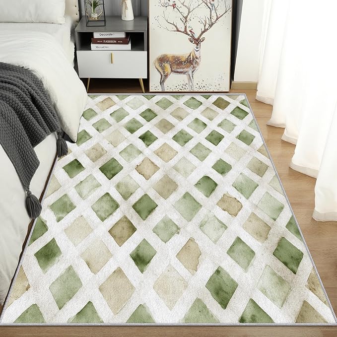 Checkered Rug, Washable 6x8 Rug for Living Room, Geometric Rhombus Patterned Indoor Carpet, Checkered Decor for Home, Bedroom, Soft Non Slip Thin Design FER40