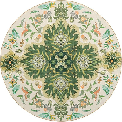 Phantoscope Washable Round Area Rug 6ft Non-Slip, Vintage Boho Rugs for Living Room, Bedroom, Dining Room, Neutral Green Floral Medallion Pattern, Low-Pile Foldable Floor Carpet, Forest Green/Cream