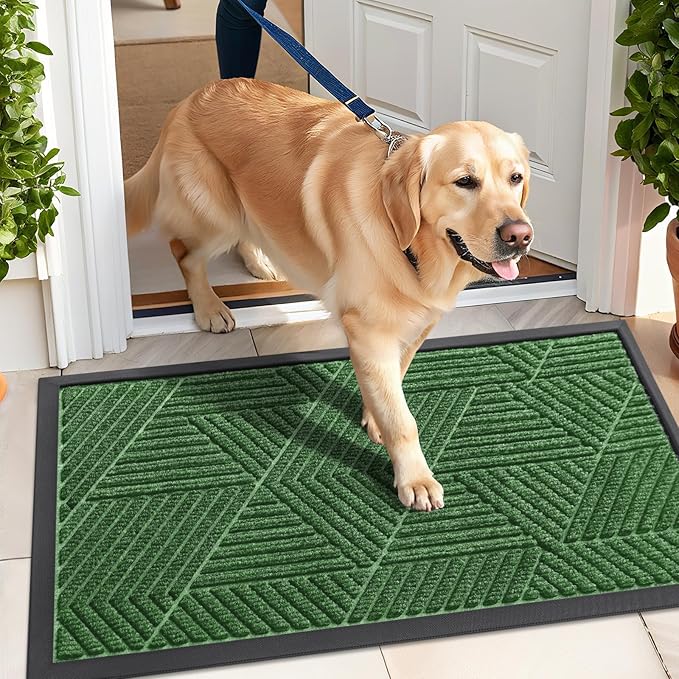 Kitinjoy Front Door Mat Outside Entrance, Sturdy Natural Dirt Trapper, Heavy Duty Rubber Doormat, Low Profile Non-Slip Backing, Easy Clean Floor Mat for Indoor Outdoor Entry, 29.5X17 Inch, Green