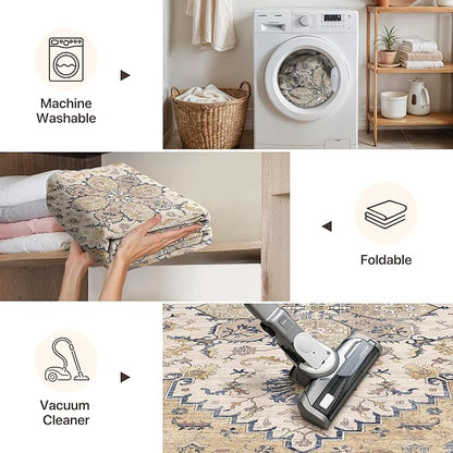 GENIMO 8X10 Area Rugs for Living Room, Machine Washable Vintage Floor Cover Foldable Modern Non Slip Rug， Low Pile Soft Indoor Carpet Floral Print Mat Rug,Bedroom/Dining Room/Home Office,Beige
