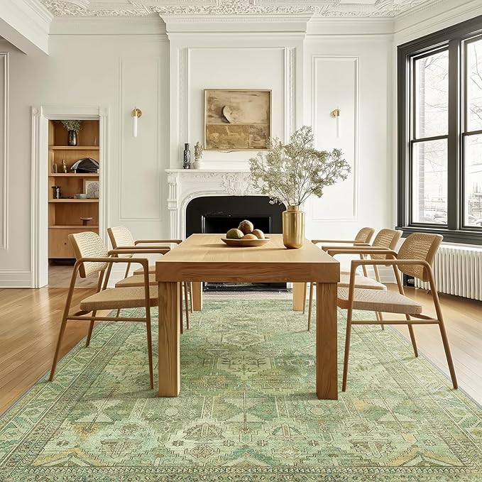 Bavni Washable Rug 9x12 Area Rug for Living Room Bedroom Dining, Washable Vintage Print Carpet, Ultra-Thin Chenille Low Pile Lightweight Rug with Non Slip Backing, Light Green