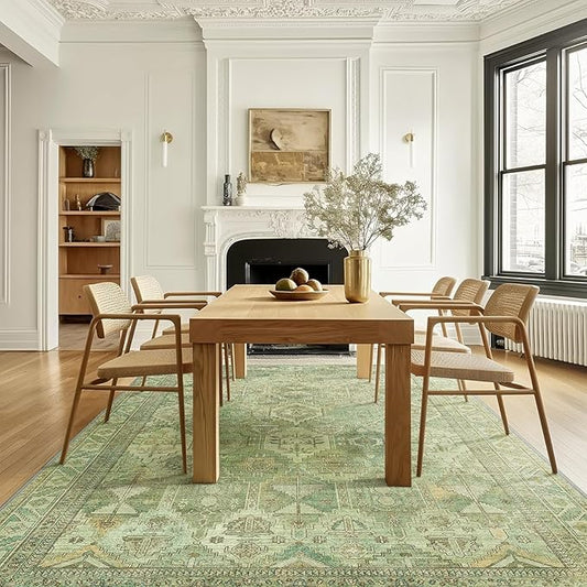Bavni Washable Rug 9x12 Area Rug for Living Room Bedroom Dining, Washable Vintage Print Carpet, Ultra-Thin Chenille Low Pile Lightweight Rug with Non Slip Backing, Light Green