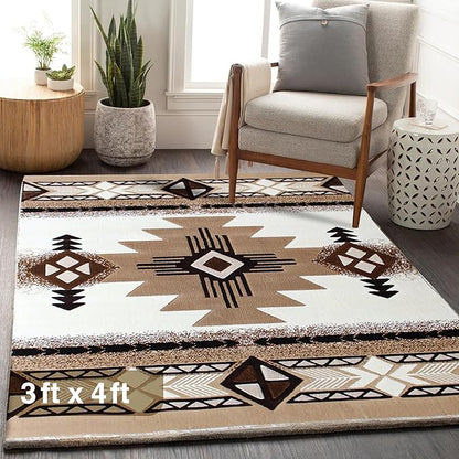 YHSF South West Native American Area Rug C318 - Easy Clean, Thick, Soft, Durable Native Tribal American Indian Inspired Rug for Bedroom/Living Room and More - Ivory, 3 Feet x 4 Feet 7 Inches