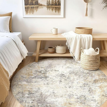 6ft Round Area Rug Living Room Rugs - 6x6 Washable Neutral Modern Abstract Soft Thin Rug Indoor Floor No Slip Rug Carpet for Bedroom Under Dining Table Home Office Decor - Golden Grey
