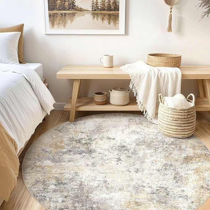 8ft Round Area Rug Living Room Rugs - 8x8 Washable Neutral Modern Abstract Soft Thin Rug Indoor Floor No Slip Rug Carpet for Bedroom Under Dining Table Home Office Decor - Golden Grey