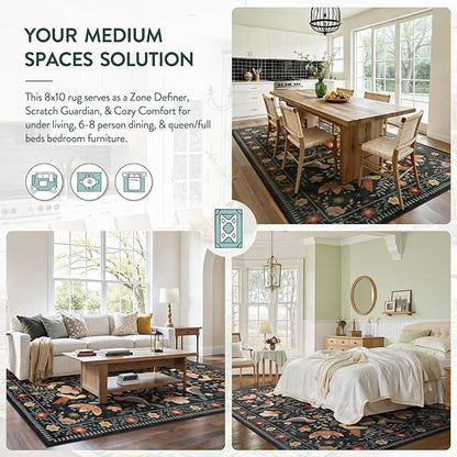 Moynesa Black Washable 8x10 Area Rugs for Living Room Bedroom Dining Room, Modern Transitional Aesthetic Floral Bird Medallion Carpet, Folk Art Home Decor Open Floor Areas Protection Non-Slip