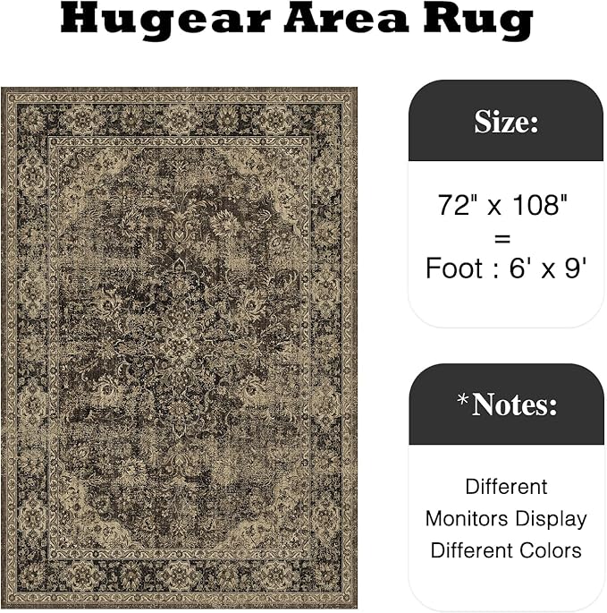 HUGEAR Retro Brown Area Rug 6x9 Machine Washable Living Room Rugs Distressed Vintage Floral Low Pile Carpet Bedroom Office Dining Room Laundry Room Non Slip Soft Lightweight