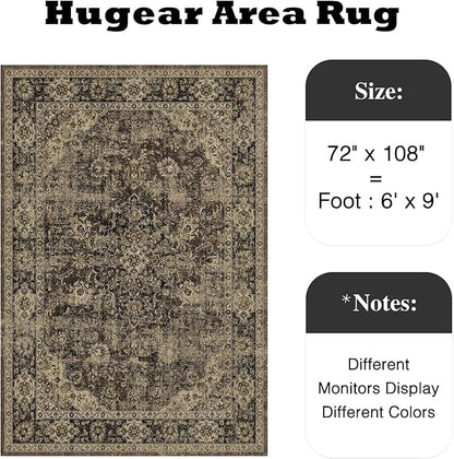 HUGEAR Retro Brown Area Rug 6x9 Machine Washable Living Room Rugs Distressed Vintage Floral Low Pile Carpet Bedroom Office Dining Room Laundry Room Non Slip Soft Lightweight