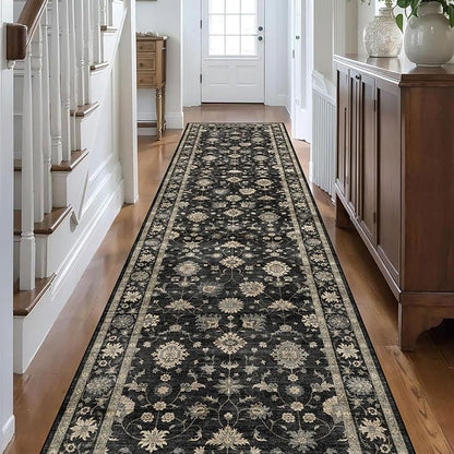 Washable Hallway Runner Rug 2.5x12ft - Long Non-Slip Charcoal Black Boho Runner Rug Low Pile Soft Vintage Farmhouse Moody Runners for Hallways Kitchen Living Room Indoor Entryway Bedroom
