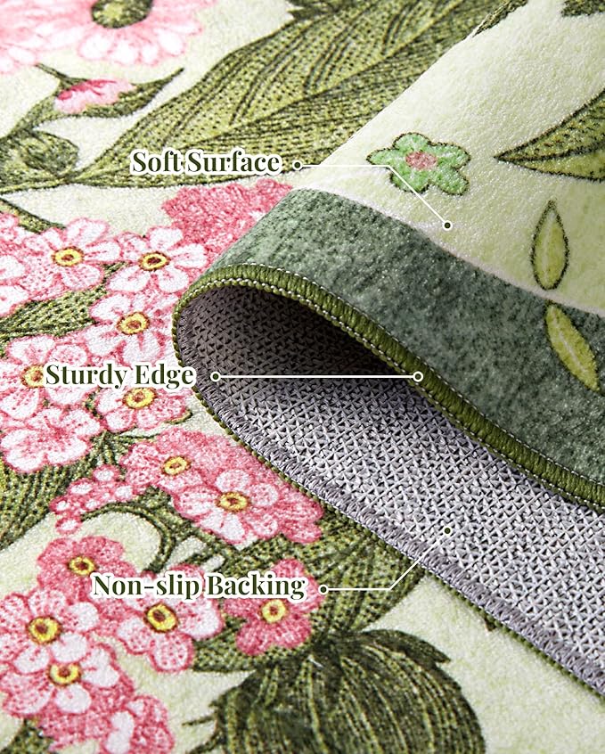 Floral Washable 5x7 Area Rugs - Living Room Rug Non Slip Low Pile Stain Resistant Carpets Indoor Vintage Flower Print Rug for Bedroom Dining Room Kitchen Home Office Green
