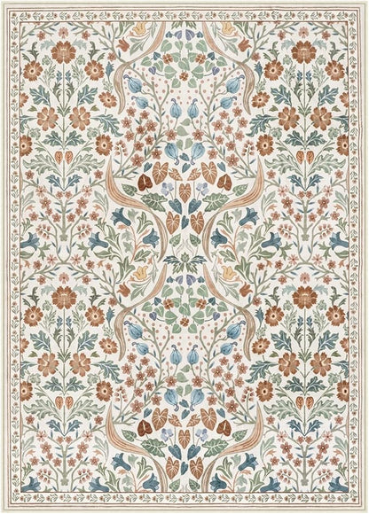 Lahome Floral 5x7 Beige Bedroom Rug, Non-Slip Washable Area Rugs for Nursery, Botanical Soft Boho Carpet Floor Mats for Kids, Playroom, Living Room