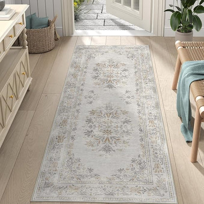 jinchan Vintage Floral Runner Rug 2x5 - Machine Washable Distressed Design Non-Slip Low-Pile Soft Thin Carpet for Hallway Kitchen Farmhouse Bedroom Entryway Laundry Room (2x5ft, Light Grey)