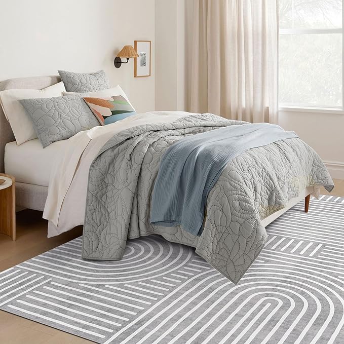 Washable Area Rug 5x7 - Boho Living Room Rug Soft Bedroom Rug Ultra-Thin Grey Modern Abstract Rainbow Dining Room Rugs Indoor Carpet for Living Room Nursery Room
