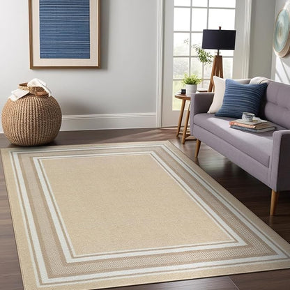 Beverly Rug Non Slip Area Rugs 3x5 Modern Bordered Non Skid Rubber Backing Soft Area Rug for Living Dining Room Easy to Clean Non Shedding Kitchen Bedroom Indoor Carpet 3 x 5 Beige