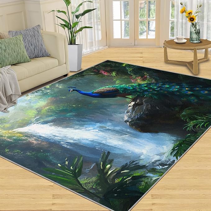 Peacock Rugs for Bedroom - 3x5 Rug, Peacock Decor Area Rugs for Living Room, Natural Landscapes Carpet, Waterfall Washable Area Mat, Aesthetics Carpet - Peafowl Home Decor & Gifts