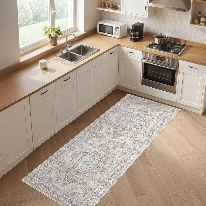 Runner Rug Kitchen Washable Rugs: 3x8 Non-Slip Boho Soft Vintage Stain Resistant Indoor Floor Neutral Farmhouse Throw Carpet for Hallway Bathroom Laundry Room Entryway Bedroom- Ivory Gray