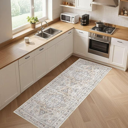 Runner Rug Kitchen Washable Rugs: 3x10 Non-Slip Boho Soft Vintage Stain Resistant Indoor Floor Neutral Farmhouse Throw Carpet for Hallway Bathroom Laundry Room Entryway Bedroom- Ivory Gray