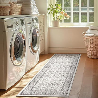 jinchan Hallway Runner Rug 2x8 - Machine Washable Beige Vintage Floral Distressed Design Soft Non-Slip Low-Pile Ultra-Thin Runner Rug for Kitchen Laundry Room Bedroom Farmhouse (2‘x8', Beige)