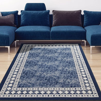 Antep Rugs Alfombras Modern Bordered 3x5 Non-Skid (Non-Slip) Low Profile Pile Rubber Backing Indoor Area Rugs (Navy Blue, 3' x 5')