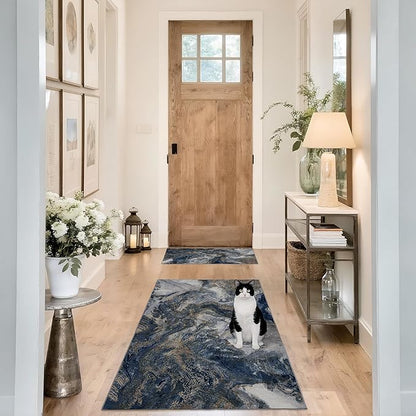 3x5 Blue Area Rug: Modern Abstract Washable Rugs for Entryway Kitchen Bedroom Indoor - Non-Slip Stain Resistant Thin Low Pile