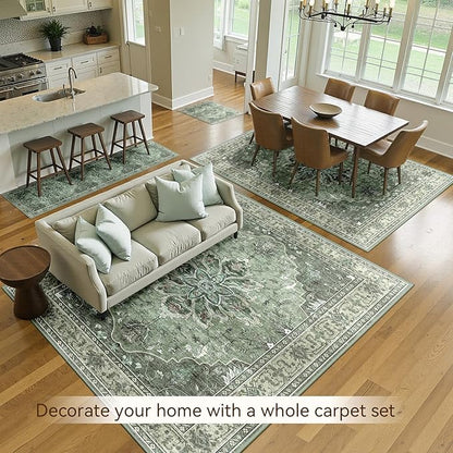 Area Rugs 6'x9' Washable Non-Slip, Floral Vintage Distress Print Pattern Medallion Carpet for Living Room Bedroom Dining Room, Dark Green Gray